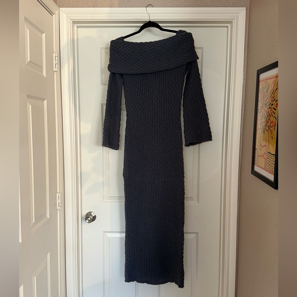 Dusty Blue Off-Shoulder Knit Dress